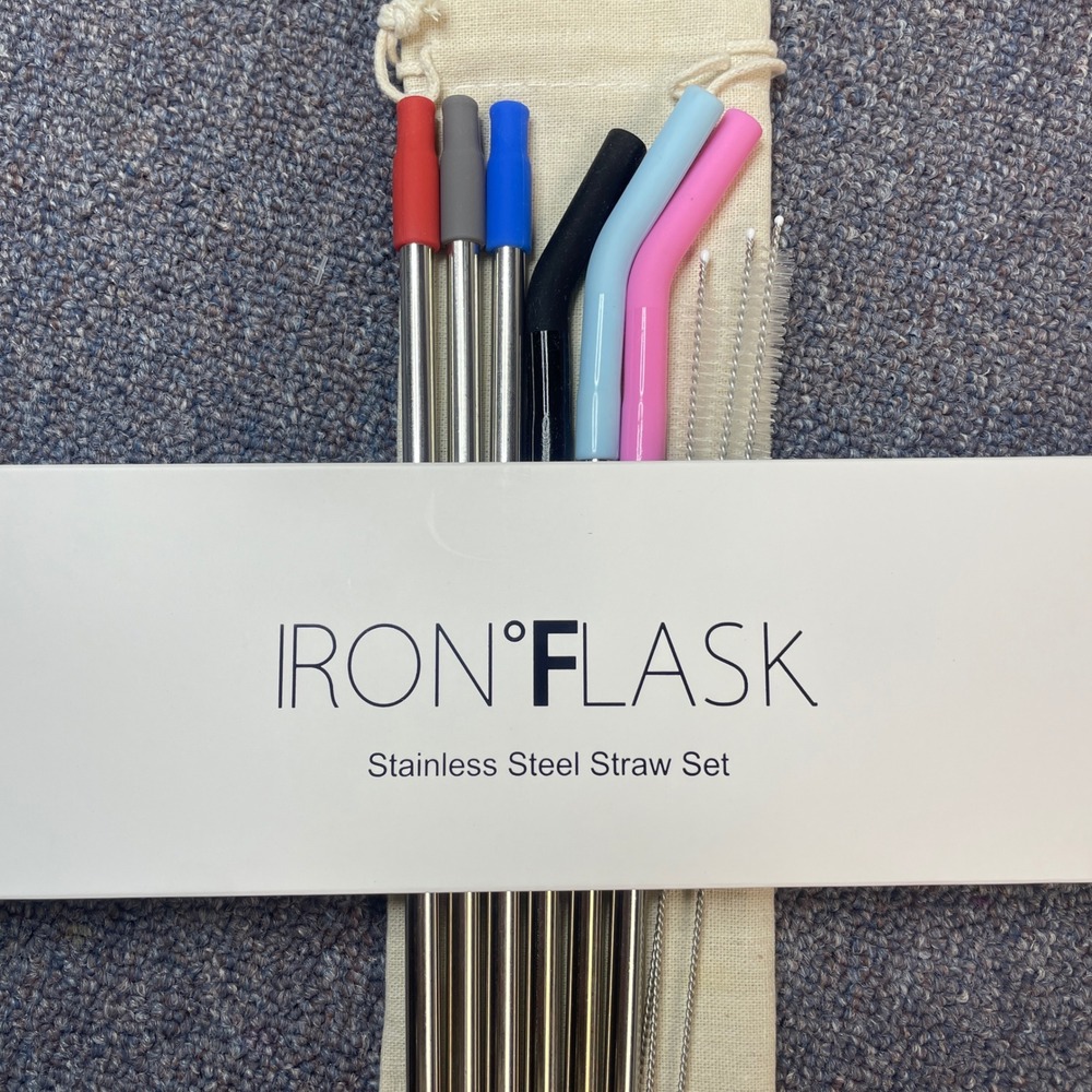 Iron Flask Stainless Steel Straw Set 6pk Reusable Metal Straws w/ Silicone Tips